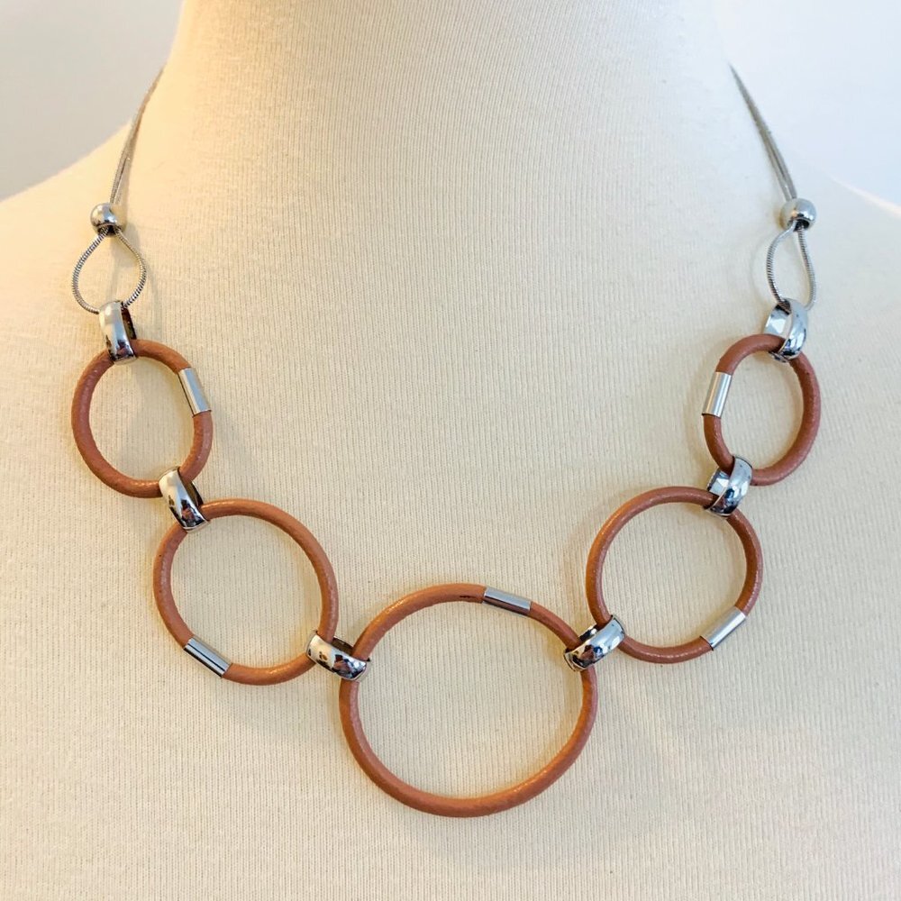 Tan Leather + Silver Link Adjustable Necklace - Picture 5 of 7